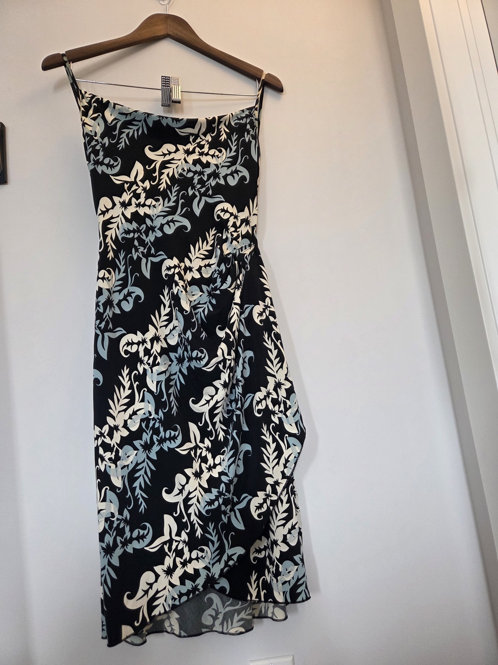 BCBGMaxAzria Black Slip Midi Dress with Light Blue and White Floral Print